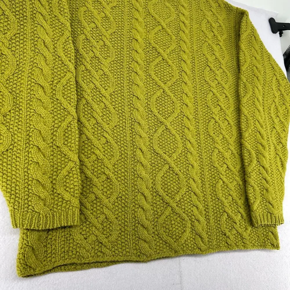 VTG Mens Lime Green J. Crew Wool Chunky Fisherman Cable Knit Crewneck Sweater LT